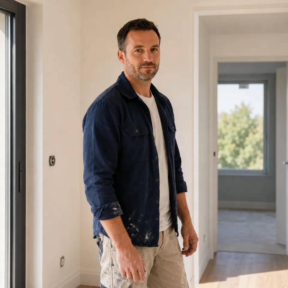 Artisan plaquiste-peintre dans un intérieur rénové