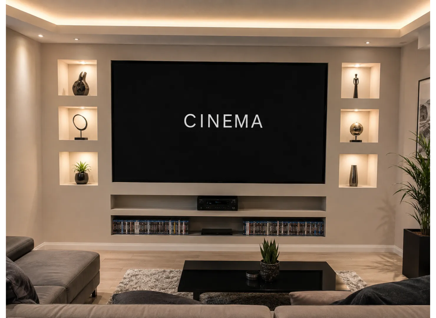 Salon home-cinéma avec habillage en plaques de plâtre
