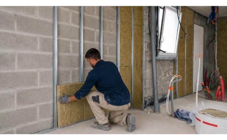 alternatif Artisan posant un isolant sur un mur intérieur