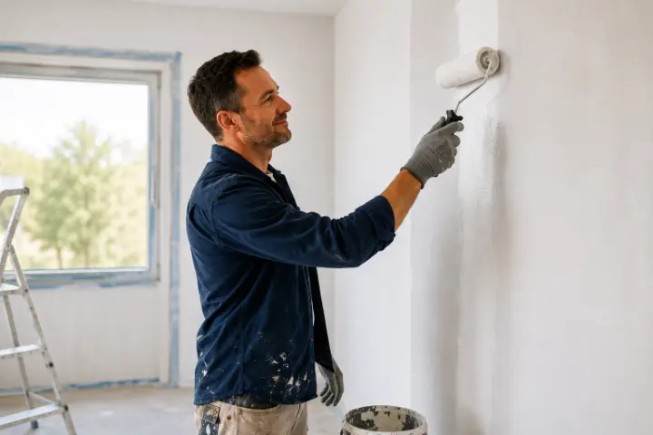 Artisan appliquant une peinture sur un mur