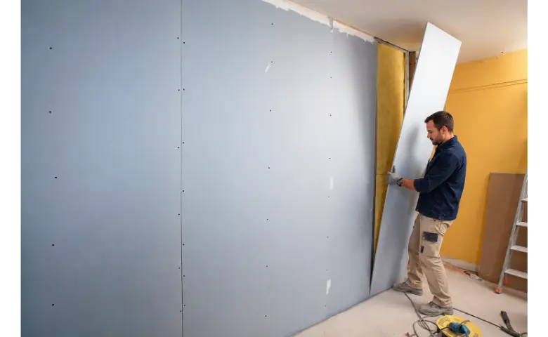 Artisan posant une cloison en plaques de plâtre
