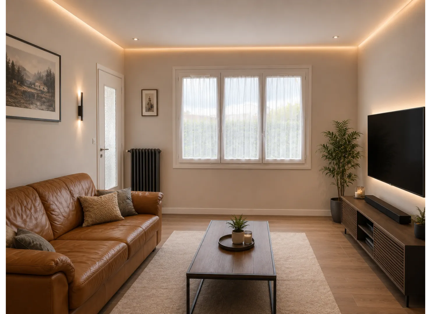 Salon après rénovation, murs et plafond finis